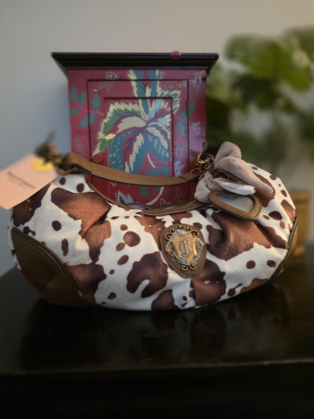 Juicy Couture Saddle Brown & White Cowhide Hobo with Chain Accent